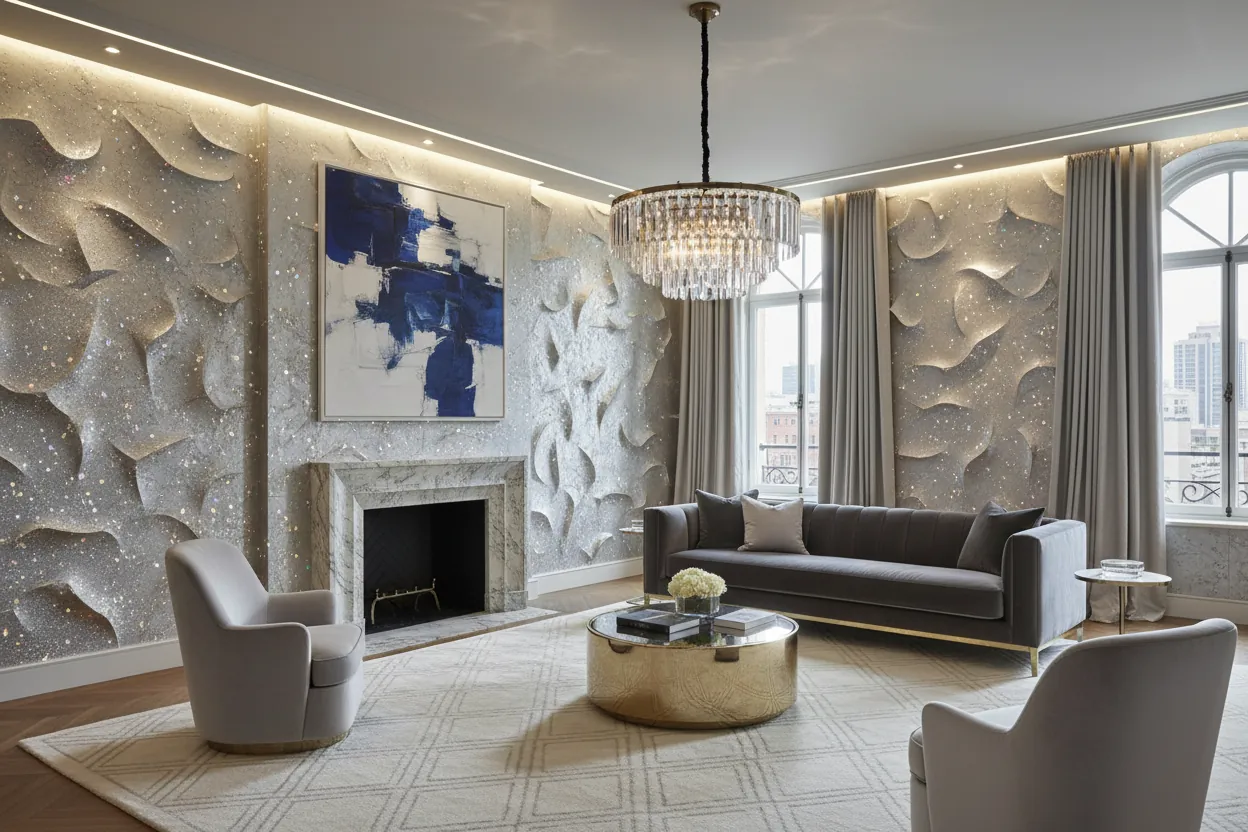 Living cu perete decorativ în relief, efect Magic Stars